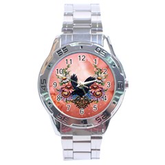 Wonderful Crow With Flowers On Red Vintage Dsign Stainless Steel Analogue Watch