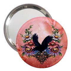 Wonderful Crow With Flowers On Red Vintage Dsign 3  Handbag Mirrors by FantasyWorld7