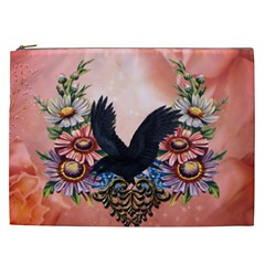 Wonderful Crow With Flowers On Red Vintage Dsign Cosmetic Bag (xxl) by FantasyWorld7