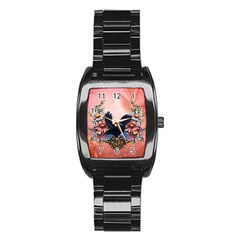 Wonderful Crow With Flowers On Red Vintage Dsign Stainless Steel Barrel Watch by FantasyWorld7