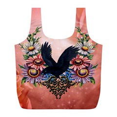 Wonderful Crow With Flowers On Red Vintage Dsign Full Print Recycle Bag (l) by FantasyWorld7