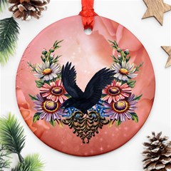 Wonderful Crow With Flowers On Red Vintage Dsign Ornament (round) by FantasyWorld7