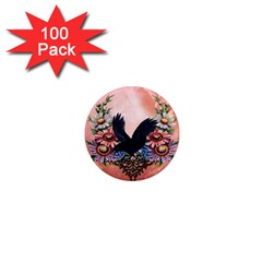 Wonderful Crow With Flowers On Red Vintage Dsign 1  Mini Magnets (100 Pack)  by FantasyWorld7