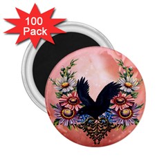 Wonderful Crow With Flowers On Red Vintage Dsign 2 25  Magnets (100 Pack)  by FantasyWorld7