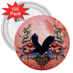 Wonderful Crow With Flowers On Red Vintage Dsign 3  Buttons (100 pack) 