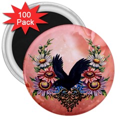 Wonderful Crow With Flowers On Red Vintage Dsign 3  Magnets (100 pack)