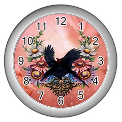 Wonderful Crow With Flowers On Red Vintage Dsign Wall Clock (silver) by FantasyWorld7