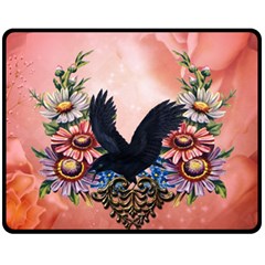 Wonderful Crow With Flowers On Red Vintage Dsign Fleece Blanket (Medium) 