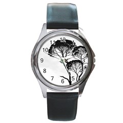 Silhouette Photo Of Trees Round Metal Watch