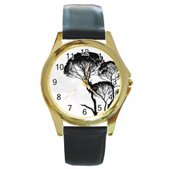 Silhouette Photo Of Trees Round Gold Metal Watch