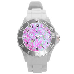 Hot Pink And White Peppermint Twist Flower Petals Round Plastic Sport Watch (l) by myrubiogarden