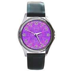 Hot Pink And Purple Abstract Branch Pattern Round Metal Watch by myrubiogarden