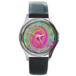 Groovy Abstract Pink, Turquoise And Yellow Swirl Round Metal Watch Front