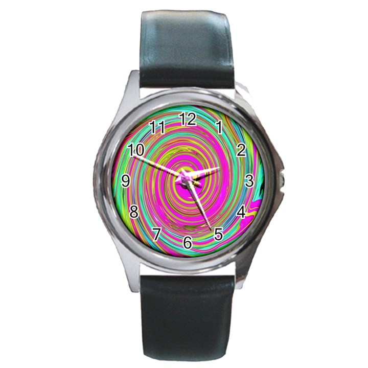 Groovy Abstract Pink, Turquoise And Yellow Swirl Round Metal Watch