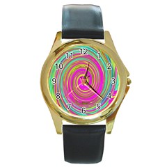 Groovy Abstract Pink, Turquoise And Yellow Swirl Round Gold Metal Watch by myrubiogarden