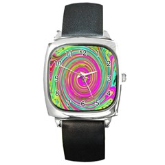 Groovy Abstract Pink, Turquoise And Yellow Swirl Square Metal Watch by myrubiogarden