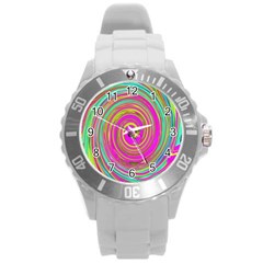 Groovy Abstract Pink, Turquoise And Yellow Swirl Round Plastic Sport Watch (l) by myrubiogarden