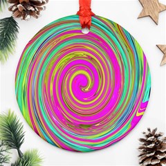 Groovy Abstract Pink, Turquoise And Yellow Swirl Round Ornament (two Sides) by myrubiogarden