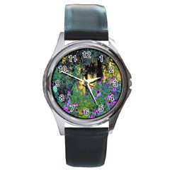 Hazy Morning Sunrise In My Rubio Garden Round Metal Watch by myrubiogarden