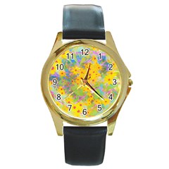 Pretty Yellow And Red Flowers With Turquoise Round Gold Metal Watch by myrubiogarden