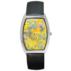 Pretty Yellow And Red Flowers With Turquoise Barrel Style Metal Watch by myrubiogarden