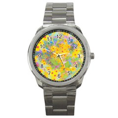 Pretty Yellow And Red Flowers With Turquoise Sport Metal Watch by myrubiogarden