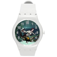 Wonderful Fmermaid With Turtle In The Deep Ocean Round Plastic Sport Watch (m) by FantasyWorld7