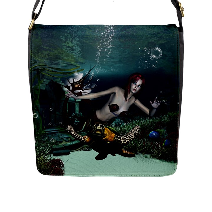 Wonderful Fmermaid With Turtle In The Deep Ocean Flap Closure Messenger Bag (L)