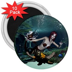 Wonderful Fmermaid With Turtle In The Deep Ocean 3  Magnets (10 Pack)  by FantasyWorld7