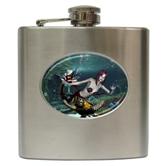 Wonderful Fmermaid With Turtle In The Deep Ocean Hip Flask (6 Oz) by FantasyWorld7