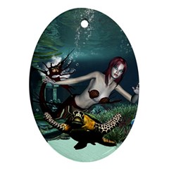 Wonderful Fmermaid With Turtle In The Deep Ocean Oval Ornament (two Sides) by FantasyWorld7