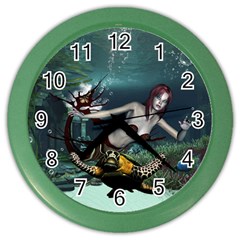 Wonderful Fmermaid With Turtle In The Deep Ocean Color Wall Clock by FantasyWorld7