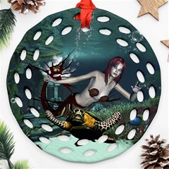 Wonderful Fmermaid With Turtle In The Deep Ocean Ornament (round Filigree) by FantasyWorld7