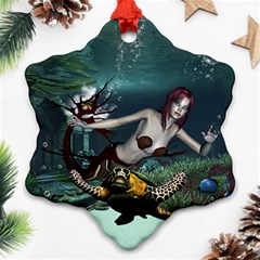 Wonderful Fmermaid With Turtle In The Deep Ocean Snowflake Ornament (two Sides) by FantasyWorld7