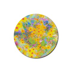 Pretty Yellow And Red Flowers With Turquoise Rubber Round Coaster (4 Pack)  by myrubiogarden