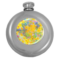 Pretty Yellow And Red Flowers With Turquoise Round Hip Flask (5 Oz) by myrubiogarden