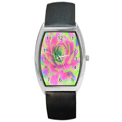 Lime Green And Pink Succulent Sedum Rosette Barrel Style Metal Watch by myrubiogarden