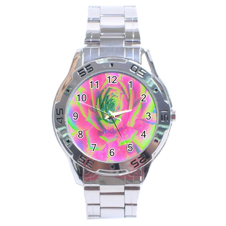 Lime Green And Pink Succulent Sedum Rosette Stainless Steel Analogue Watch