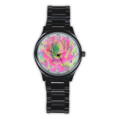 Lime Green And Pink Succulent Sedum Rosette Stainless Steel Round Watch by myrubiogarden