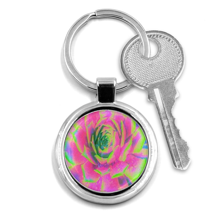 Lime Green And Pink Succulent Sedum Rosette Key Chains (Round) 