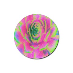 Lime Green And Pink Succulent Sedum Rosette Rubber Coaster (round)  by myrubiogarden