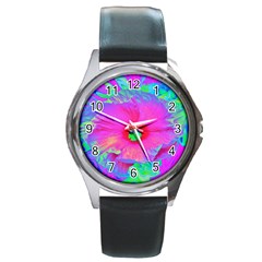 Psychedelic Pink And Red Hibiscus Flower Round Metal Watch by myrubiogarden