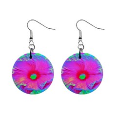 Psychedelic Pink And Red Hibiscus Flower Mini Button Earrings by myrubiogarden