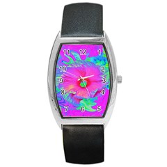 Psychedelic Pink And Red Hibiscus Flower Barrel Style Metal Watch by myrubiogarden