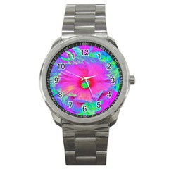 Psychedelic Pink And Red Hibiscus Flower Sport Metal Watch by myrubiogarden