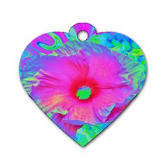 Psychedelic Pink And Red Hibiscus Flower Dog Tag Heart (one Side) by myrubiogarden