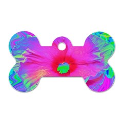 Psychedelic Pink And Red Hibiscus Flower Dog Tag Bone (one Side) by myrubiogarden