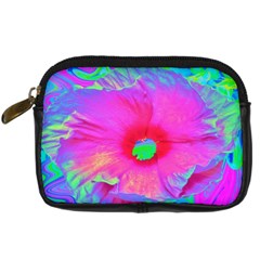 Psychedelic Pink And Red Hibiscus Flower Digital Camera Leather Case by myrubiogarden