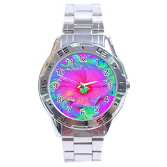 Psychedelic Pink And Red Hibiscus Flower Stainless Steel Analogue Watch by myrubiogarden