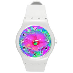 Psychedelic Pink And Red Hibiscus Flower Round Plastic Sport Watch (m) by myrubiogarden